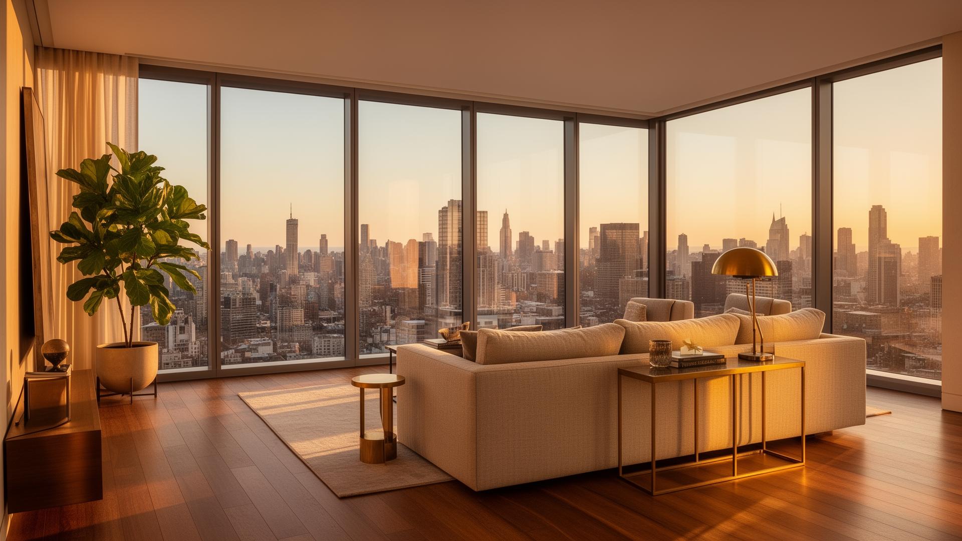Uebert Heights — luxury apartment living room with city view at golden hour
